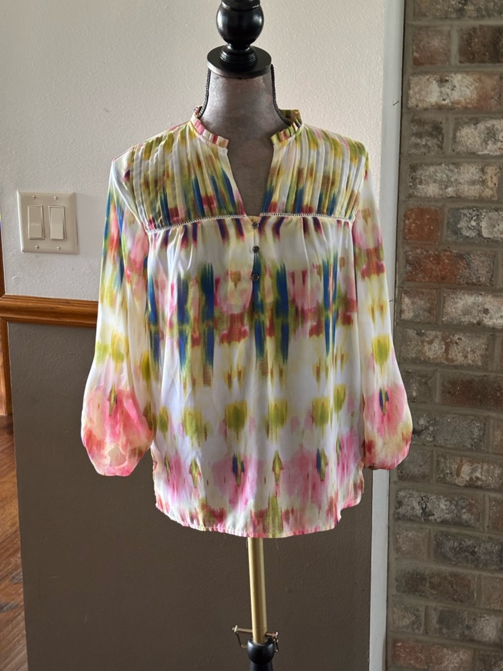 Vintage America Pink Multi Painted Ikat Split-Neck Blouse